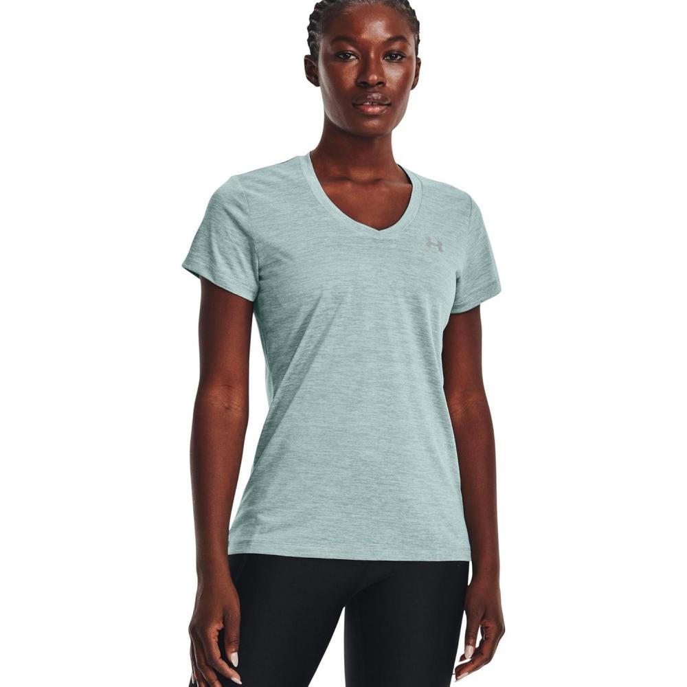 image:imageUnder Armour Womens Tech VNeck Twist ShortSleeve TShirt781 Opal Green White Metallic Silver