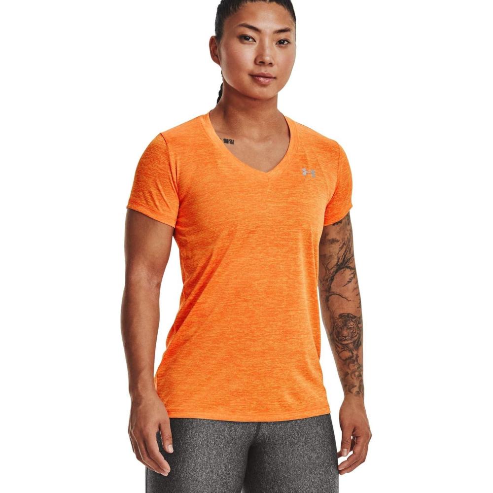 image:imageUnder Armour Womens Tech VNeck Twist ShortSleeve TShirt799 Starfruit Orange Blast Metallic Silver