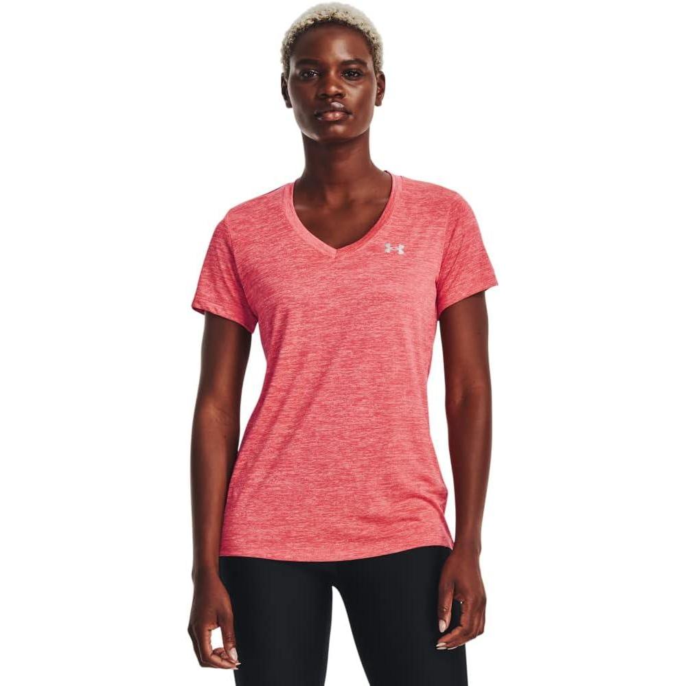 image:imageUnder Armour Womens Tech VNeck Twist ShortSleeve TShirt849 Calypso Blitz Red Metallic Silver