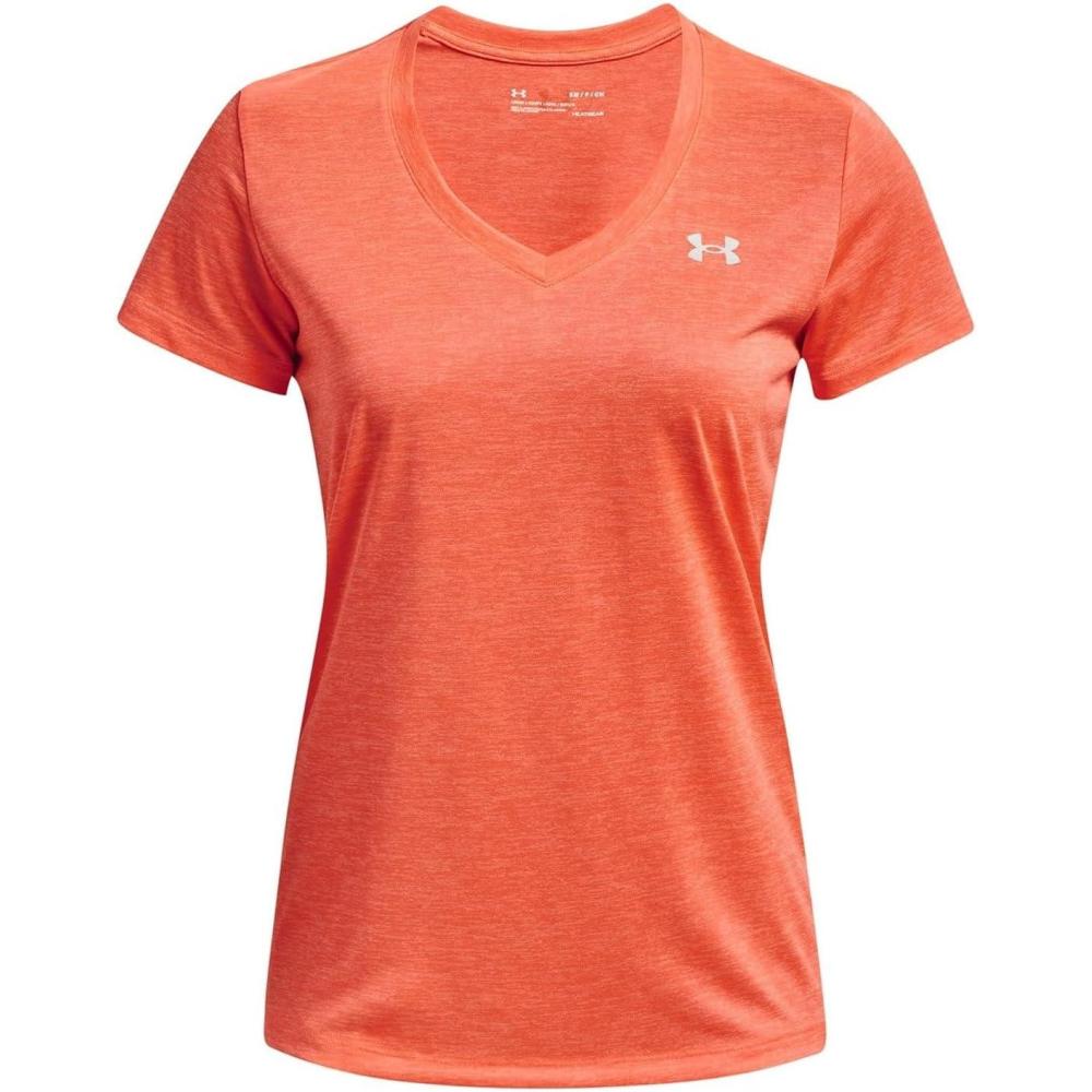 image:imageUnder Armour Womens Tech VNeck Twist ShortSleeve TShirt879 After Burn White Metallic Silver