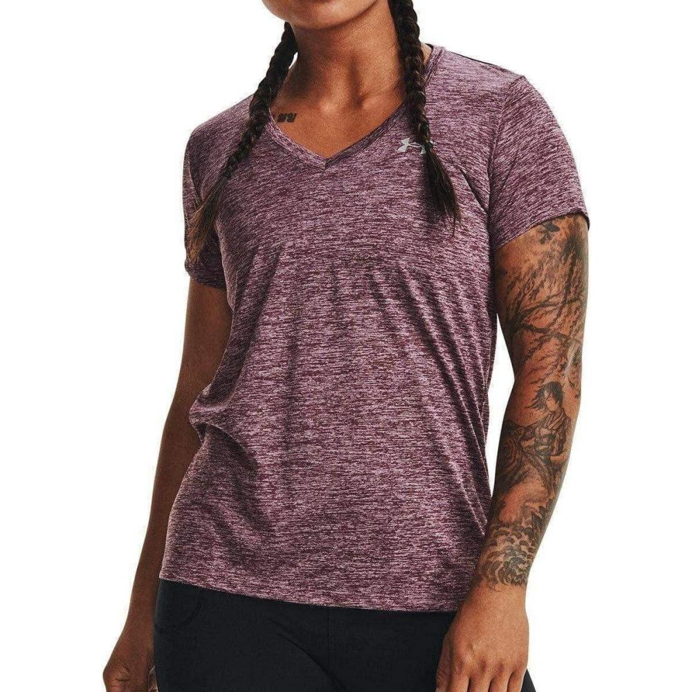 image:imageUnder Armour Womens Tech VNeck Twist ShortSleeve TShirtAsh Plum 554Metallic Silver