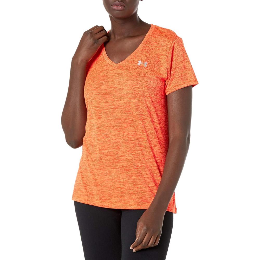 image:imageUnder Armour Womens Tech VNeck Twist ShortSleeve TShirtBlaze Orange 825Metallic Silver