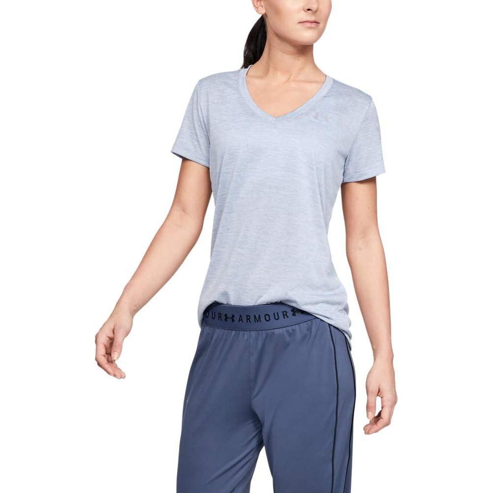 image:imageUnder Armour Womens Tech VNeck Twist ShortSleeve TShirtBlue Heights 448Metallic Silver