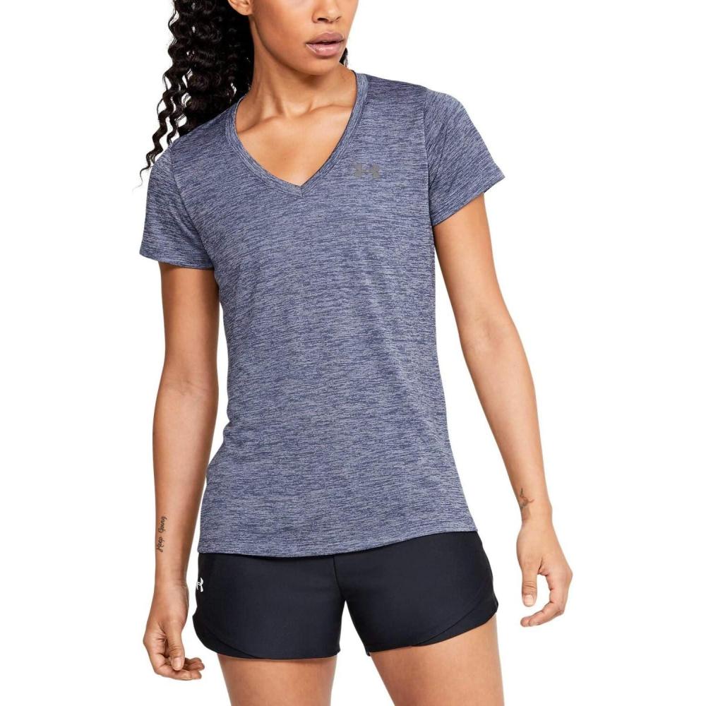 image:imageUnder Armour Womens Tech VNeck Twist ShortSleeve TShirtBlue Ink 497Metallic Silver