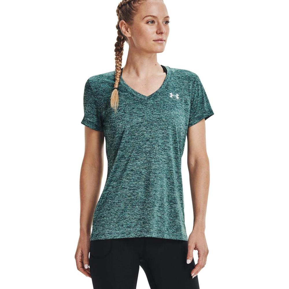 image:imageUnder Armour Womens Tech VNeck Twist ShortSleeve TShirtBlue Note 413Metallic Silver