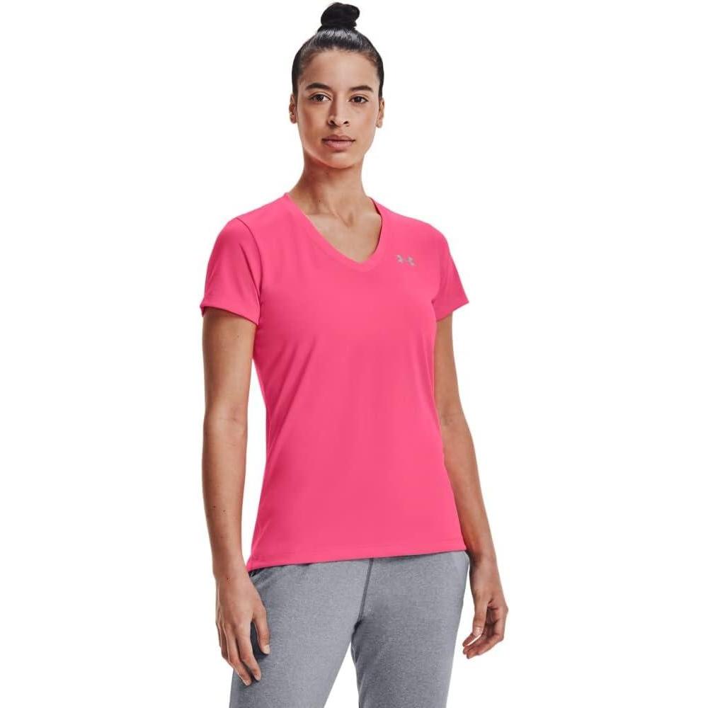 image:imageUnder Armour Womens Tech VNeck Twist ShortSleeve TShirtCerise 653Metallic Silver
