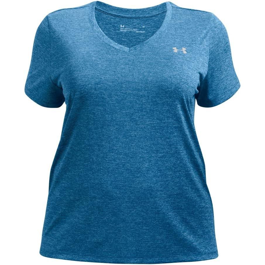 image:imageUnder Armour Womens Tech VNeck Twist ShortSleeve TShirtCruise Blue 900Metallic Silver