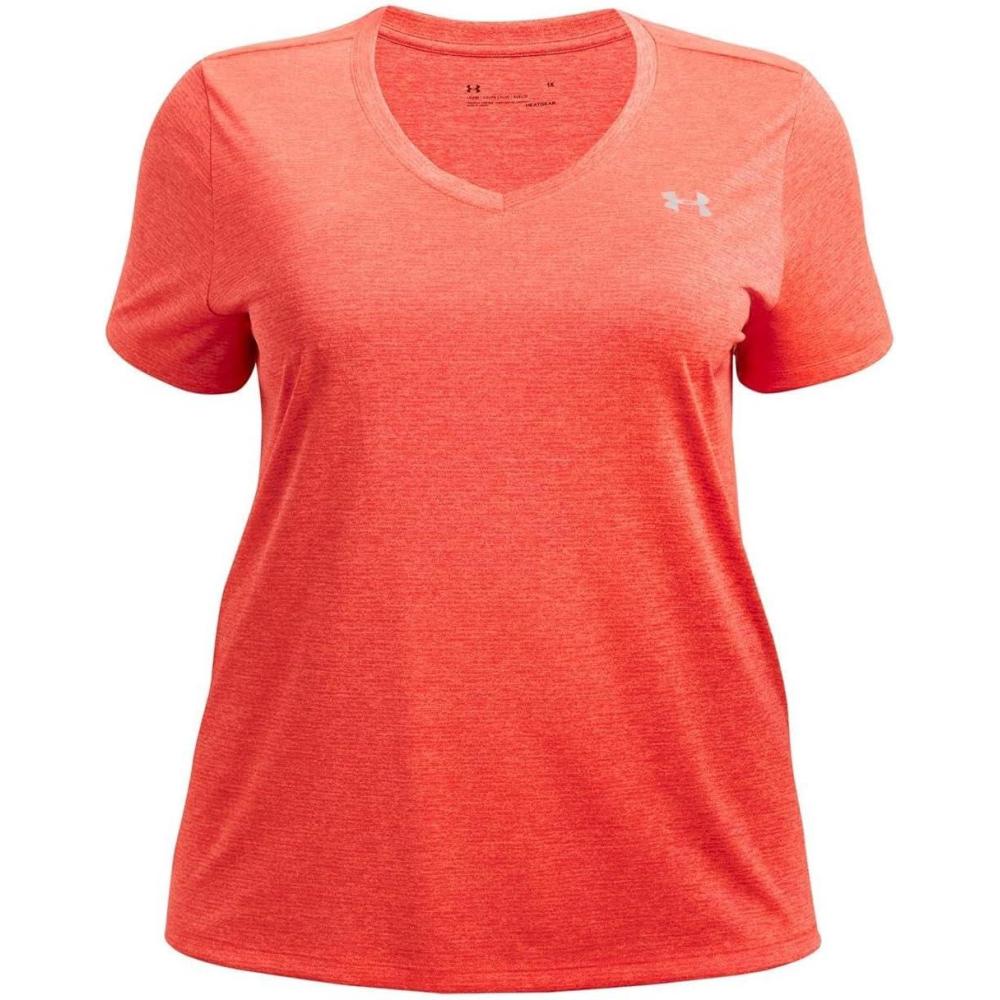 image:imageUnder Armour Womens Tech VNeck Twist ShortSleeve TShirtElectric Tangerine 824Metallic Silver