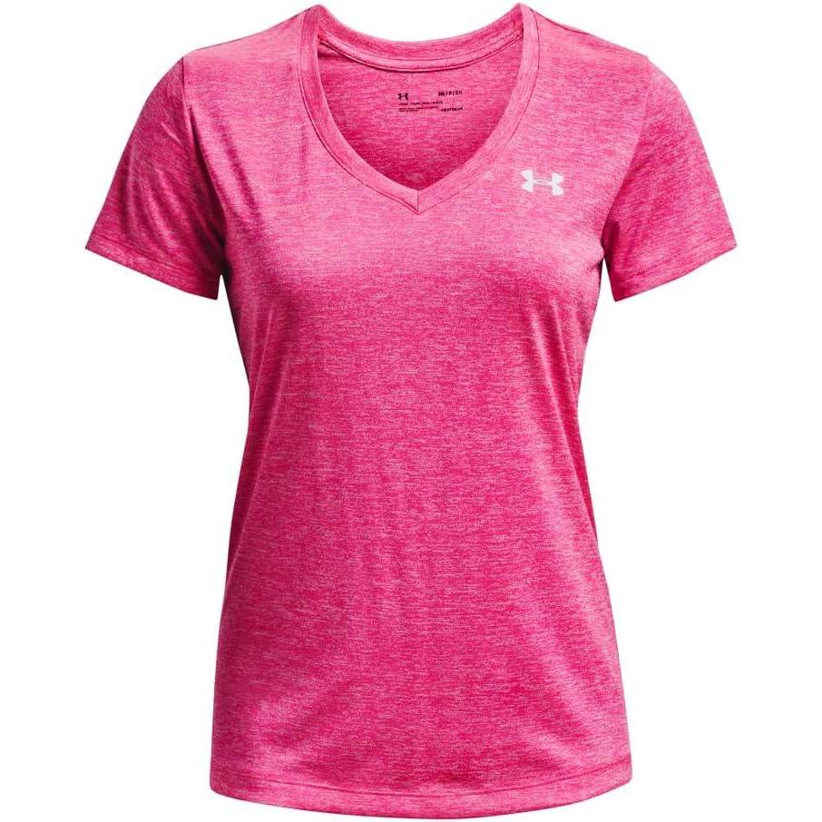 image:imageUnder Armour Womens Tech VNeck Twist ShortSleeve TShirtElectro Pink 695Metallic Silver