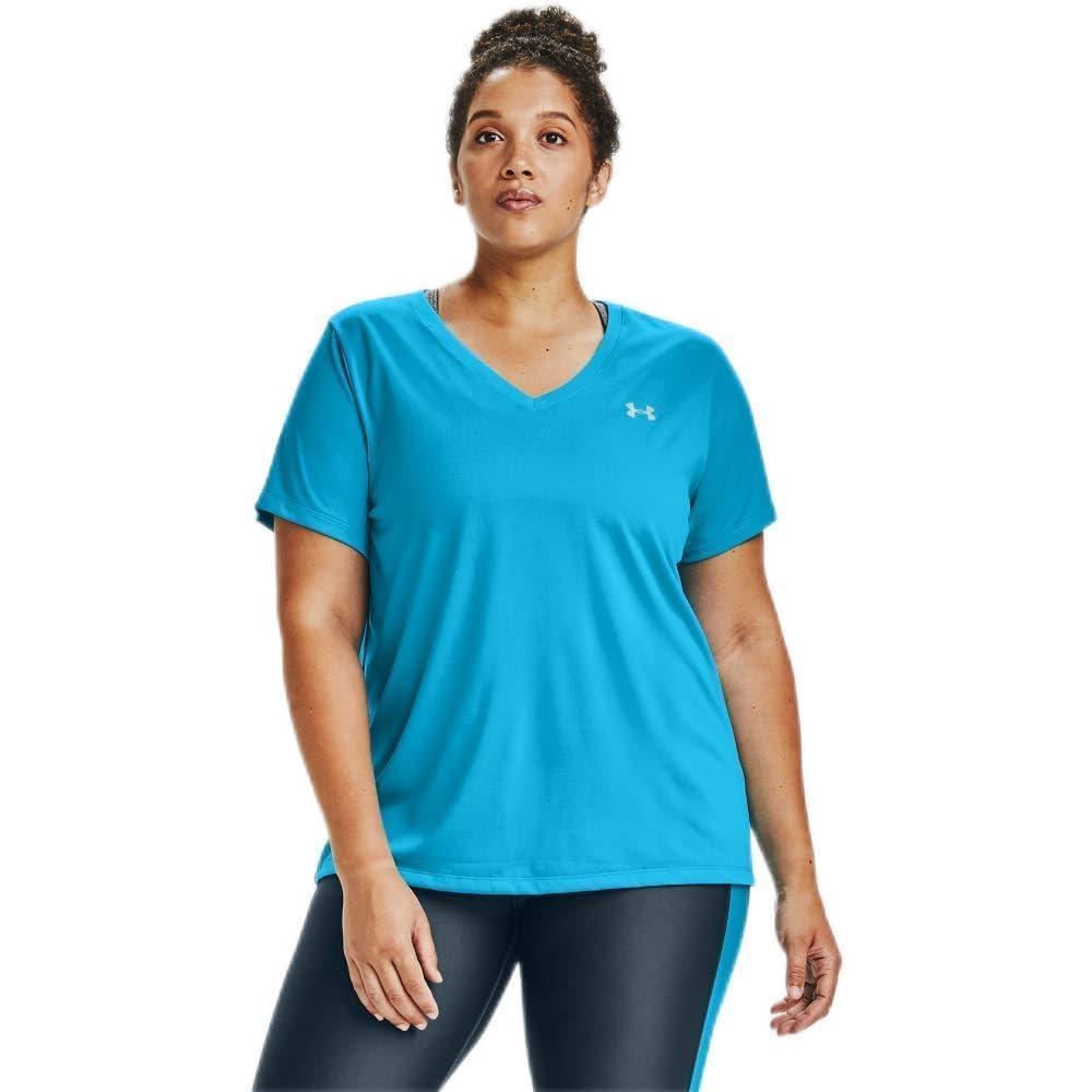 image:imageUnder Armour Womens Tech VNeck Twist ShortSleeve TShirtEquator Blue 417Metallic Silver