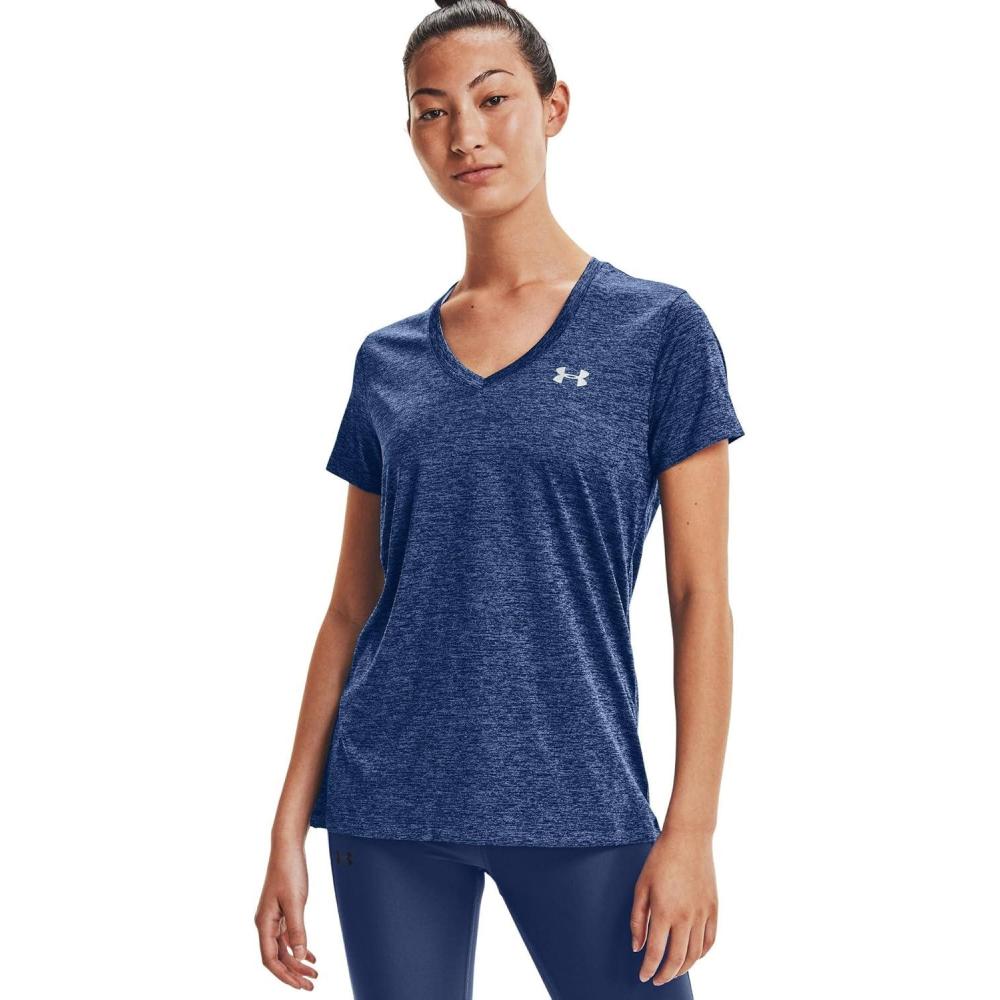 image:imageUnder Armour Womens Tech VNeck Twist ShortSleeve TShirtIndigo 405Metallic Silver