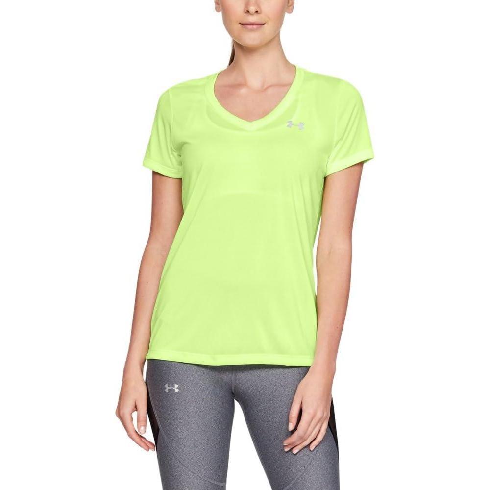 image:imageUnder Armour Womens Tech VNeck Twist ShortSleeve TShirtLime Fizz 291Metallic Silver