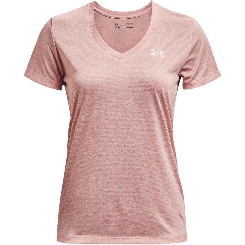 image:imageUnder Armour Womens Tech VNeck Twist ShortSleeve TShirtMicro Pink 685Metallic Silver