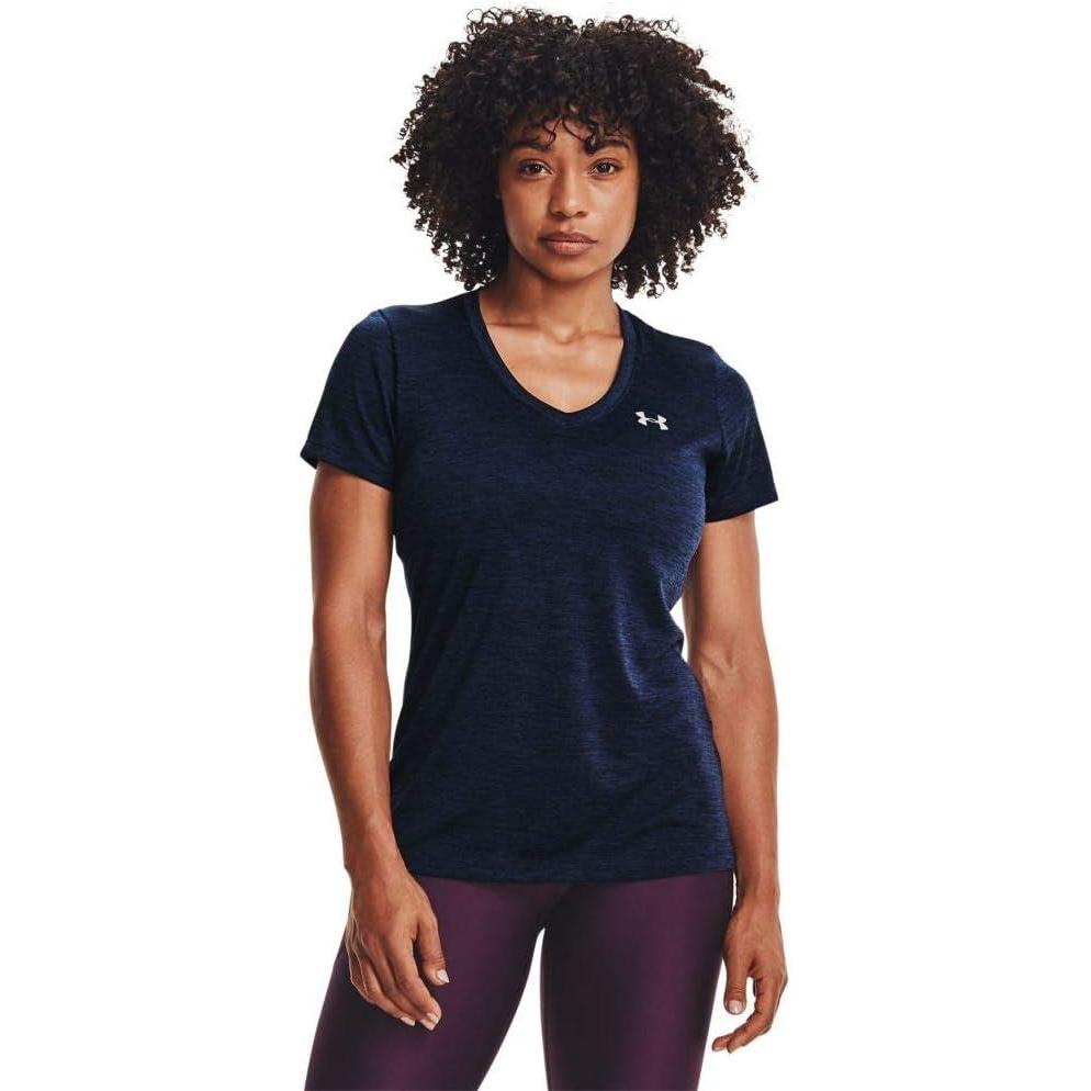 image:imageUnder Armour Womens Tech VNeck Twist ShortSleeve TShirtMidnight Navy 600Metallic Silver