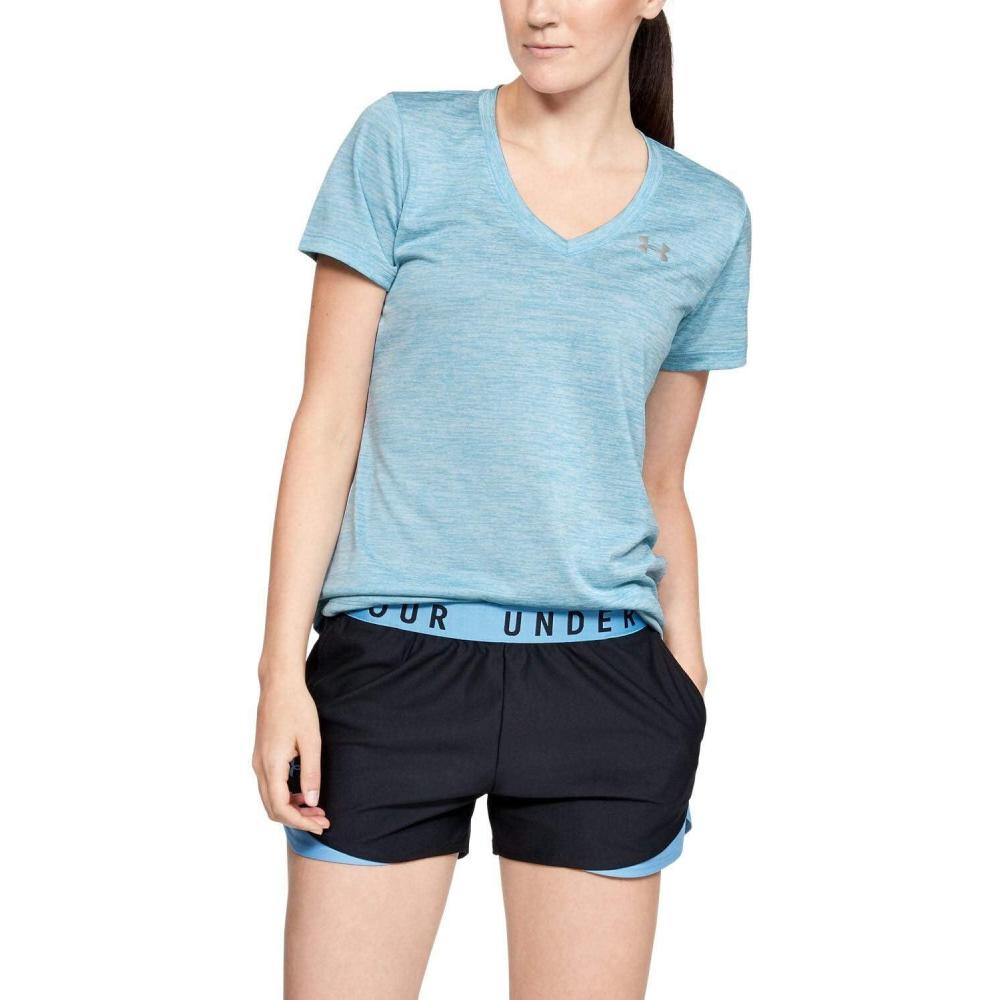 image:imageUnder Armour Womens Tech VNeck Twist ShortSleeve TShirtMobile Blue 485Metallic Silver