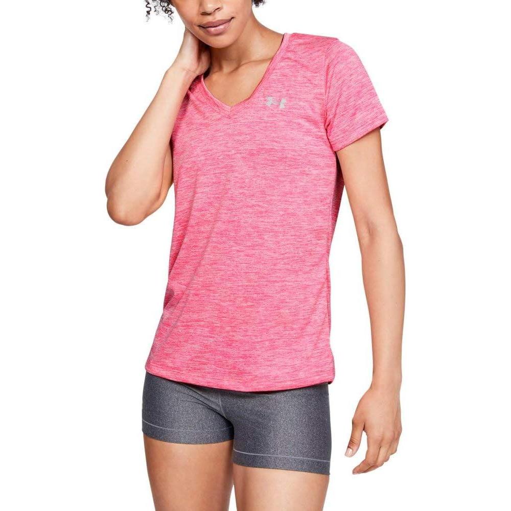 image:imageUnder Armour Womens Tech VNeck Twist ShortSleeve TShirtMojo Pink Metallic Silver