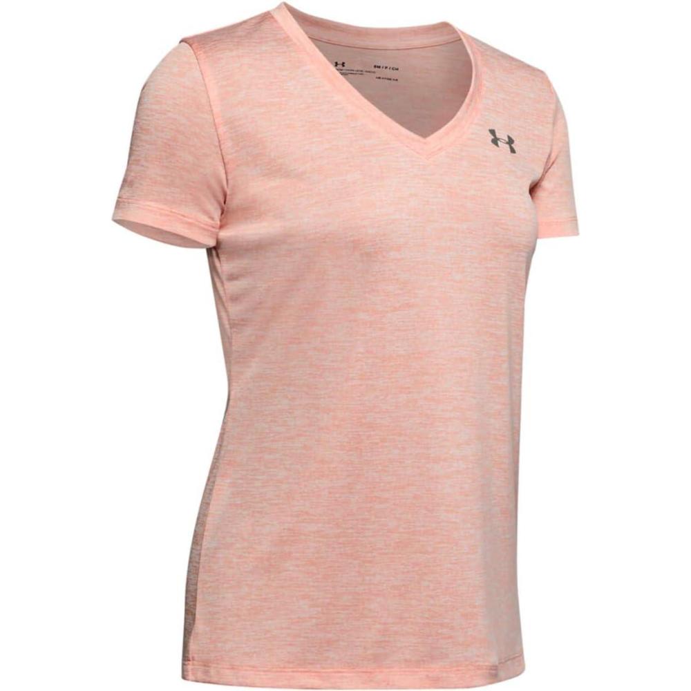 image:imageUnder Armour Womens Tech VNeck Twist ShortSleeve TShirtPeach Frost 848Metallic Silver