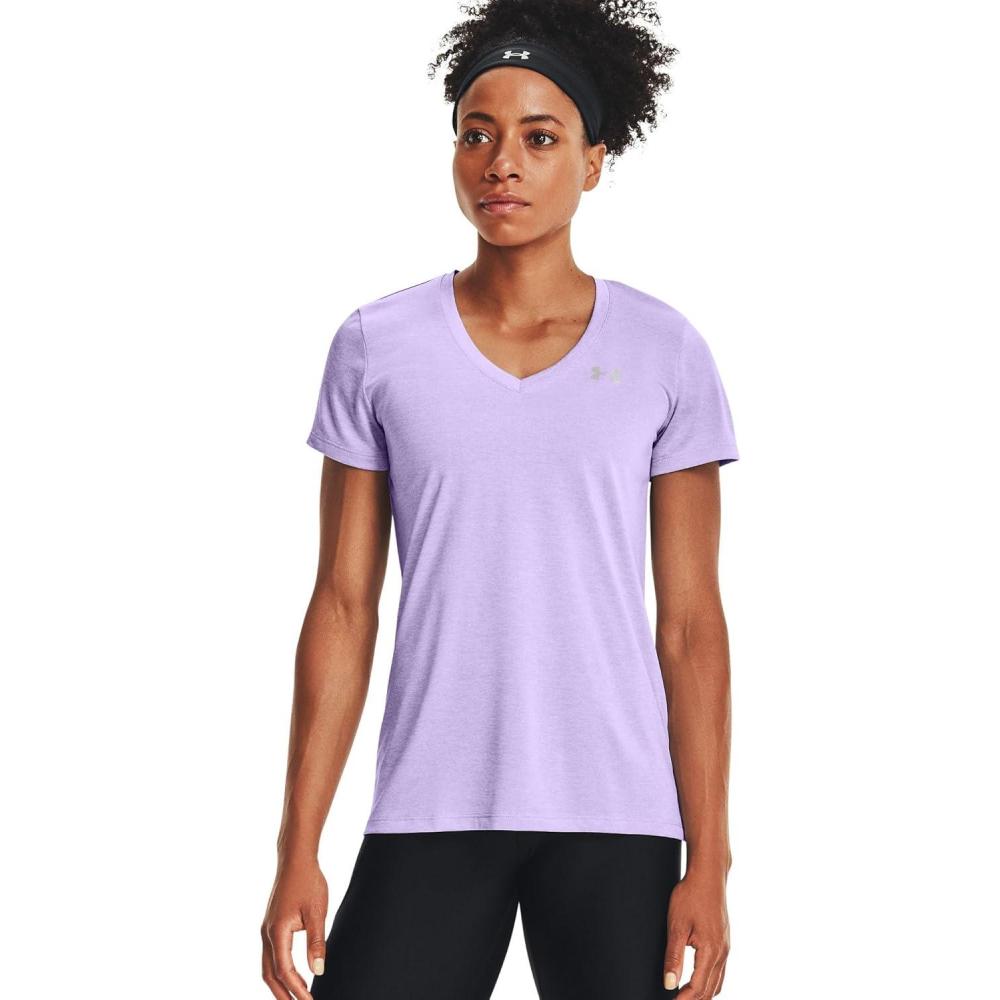 image:imageUnder Armour Womens Tech VNeck Twist ShortSleeve TShirtPurple Tint 532Metallic Silver