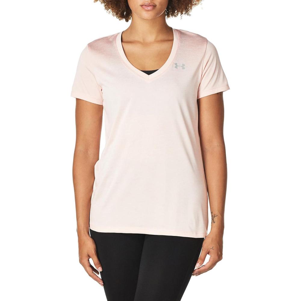 image:imageUnder Armour Womens Tech VNeck Twist ShortSleeve TShirtRetro Pink 676Metallic Silver