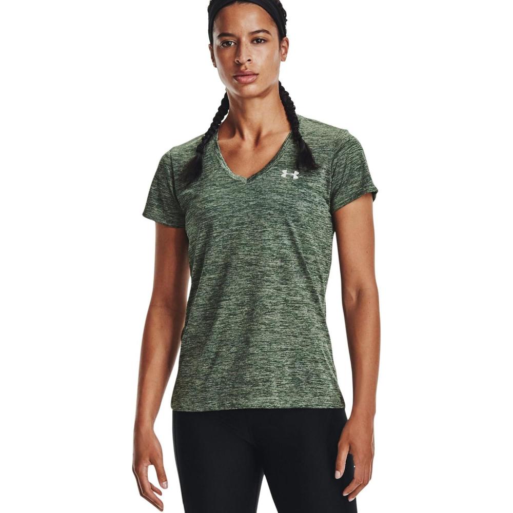image:imageUnder Armour Womens Tech VNeck Twist ShortSleeve TShirtSilica Green 348Metallic Silver