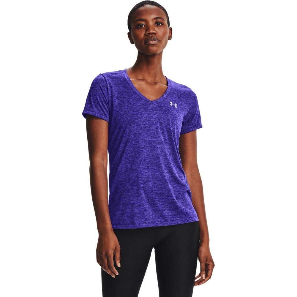 image:imageUnder Armour Womens Tech VNeck Twist ShortSleeve TShirtUltra Indigo 409Metallic Silver