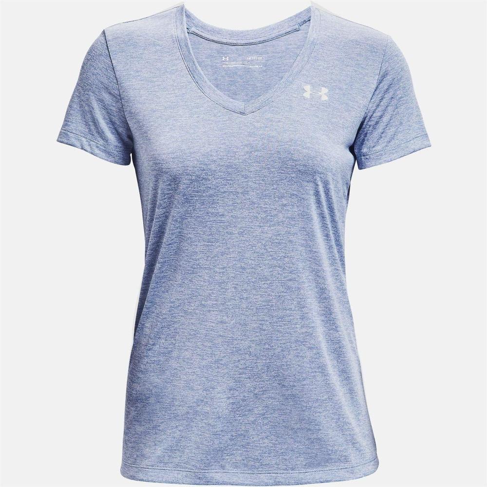 image:imageUnder Armour Womens Tech VNeck Twist ShortSleeve TShirtWashed Blue 421Metallic Silver