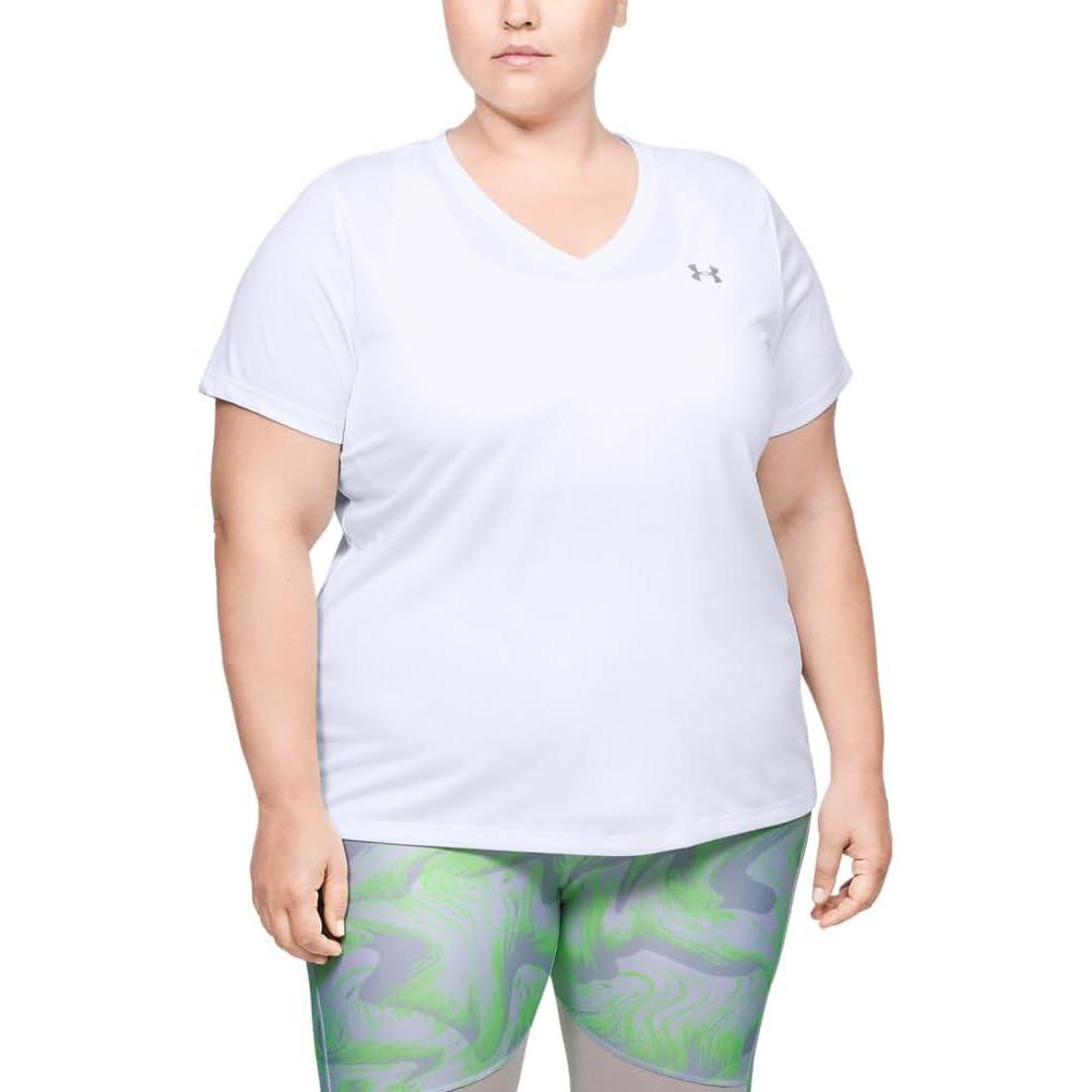 image:imageUnder Armour Womens Tech VNeck Twist ShortSleeve TShirtWhite Metallic Silver