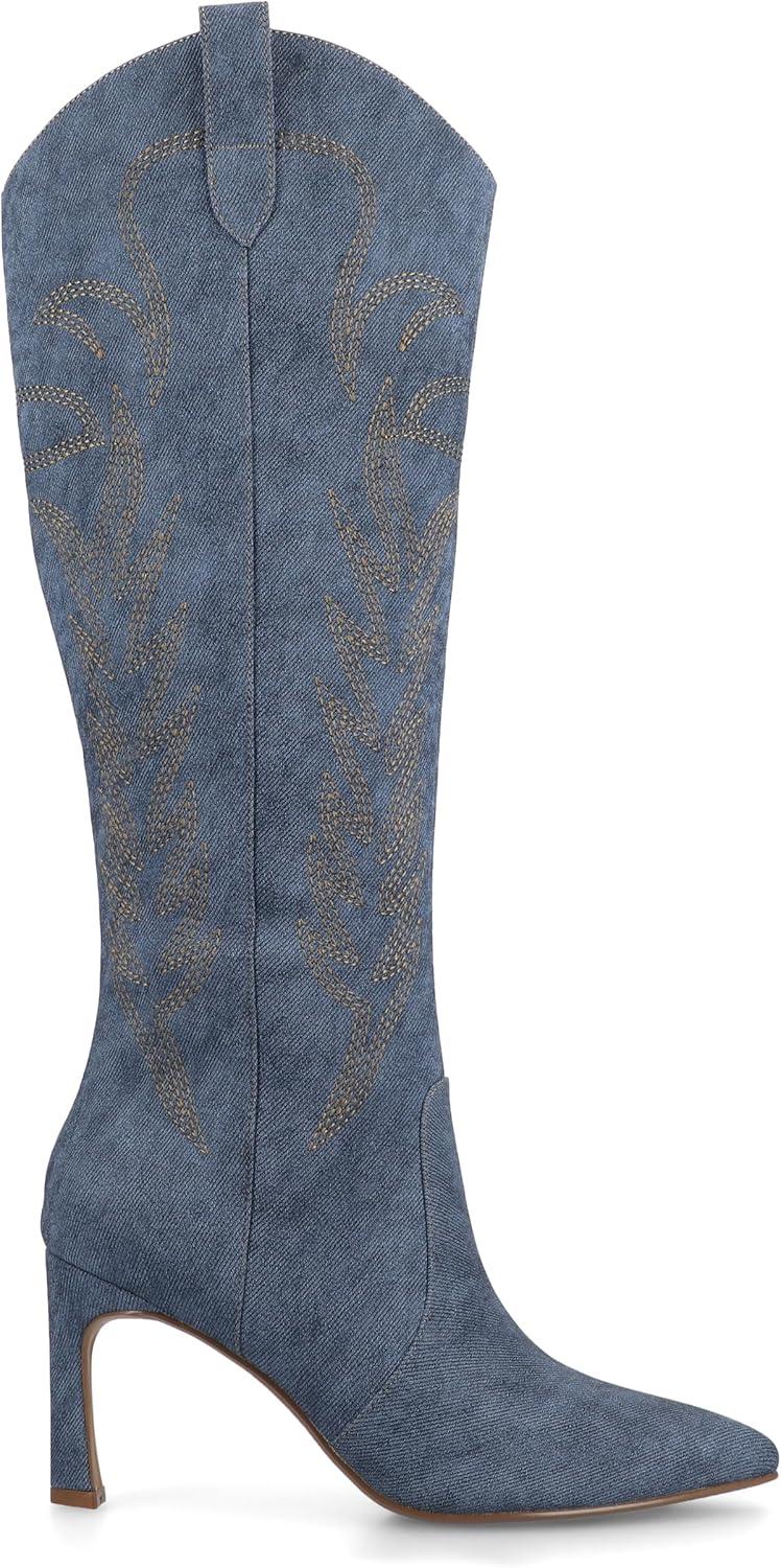 image:imageJournee Womens Laramie western cowgirl knee high boot stiletto heel stitching faux leather comfort system insoleDenim