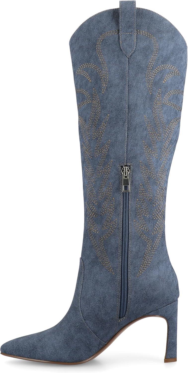 image:imageJournee Womens Laramie western cowgirl knee high boot stiletto heel stitching faux leather comfort system insoleDenim