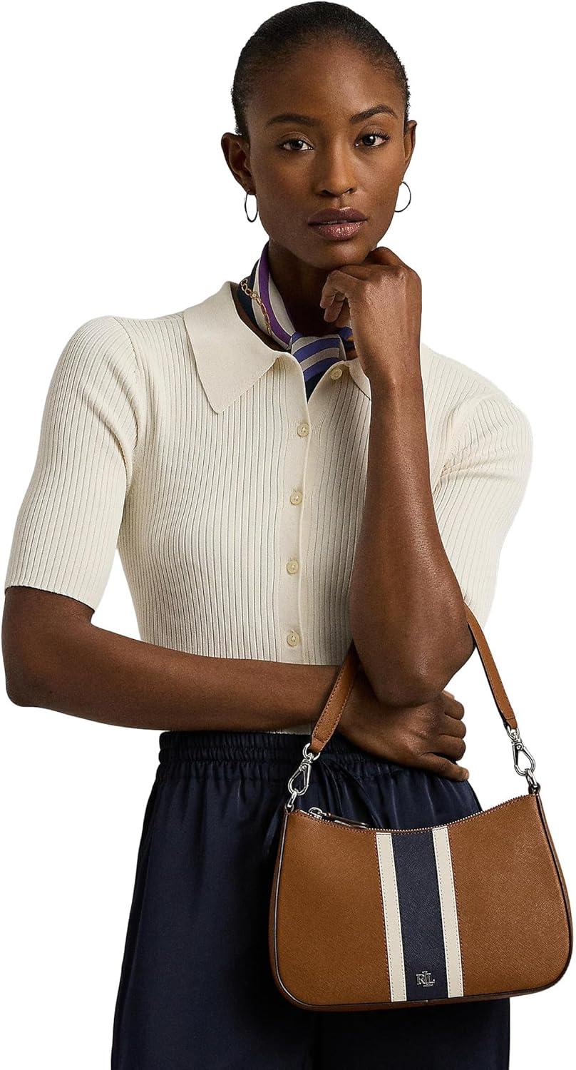 image:imageLauren Ralph Lauren Womens Crosshatch Leather Medium Danni BagTanSoft WhiteNavy Stripe
