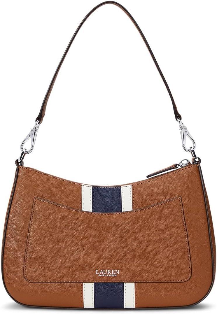 image:imageLauren Ralph Lauren Womens Crosshatch Leather Medium Danni BagTanSoft WhiteNavy Stripe