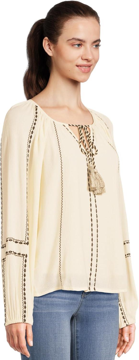image:imageLiverpool Womens Long Sleeve Woven Raglan Blouse with EmbroideryAlabasterBlack Embroidery