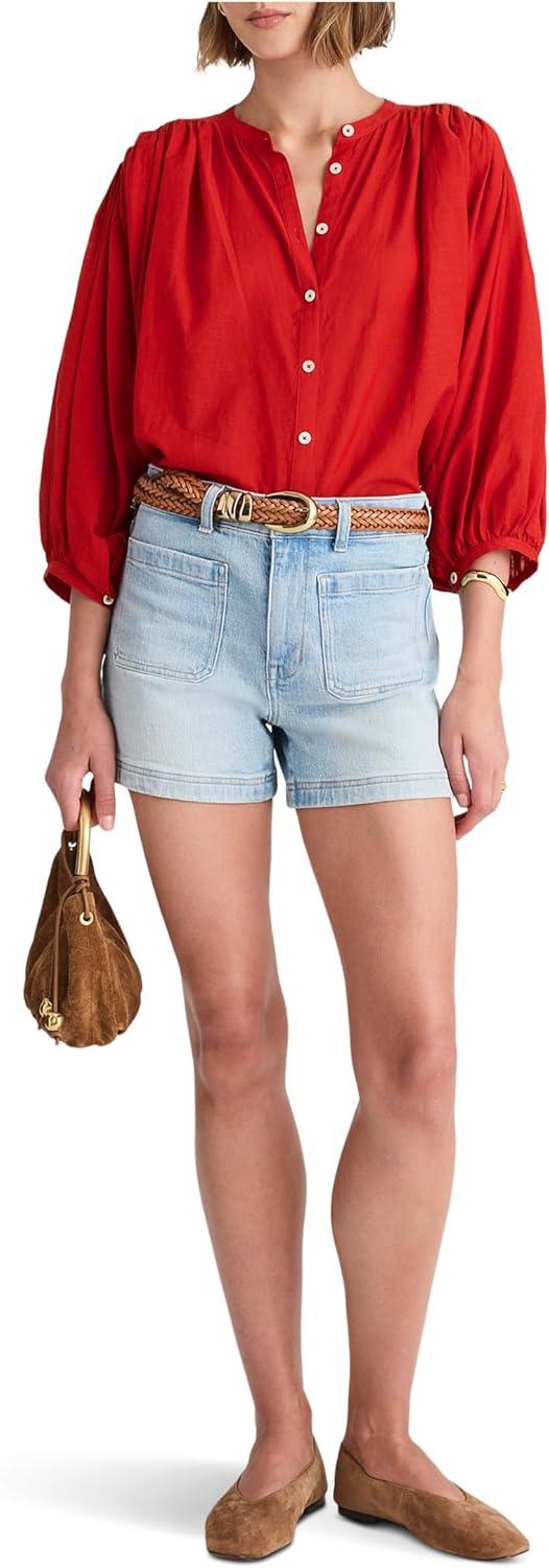 image:imageMadewell Womens Shirred Crewneck Buttonup TopCherry Red