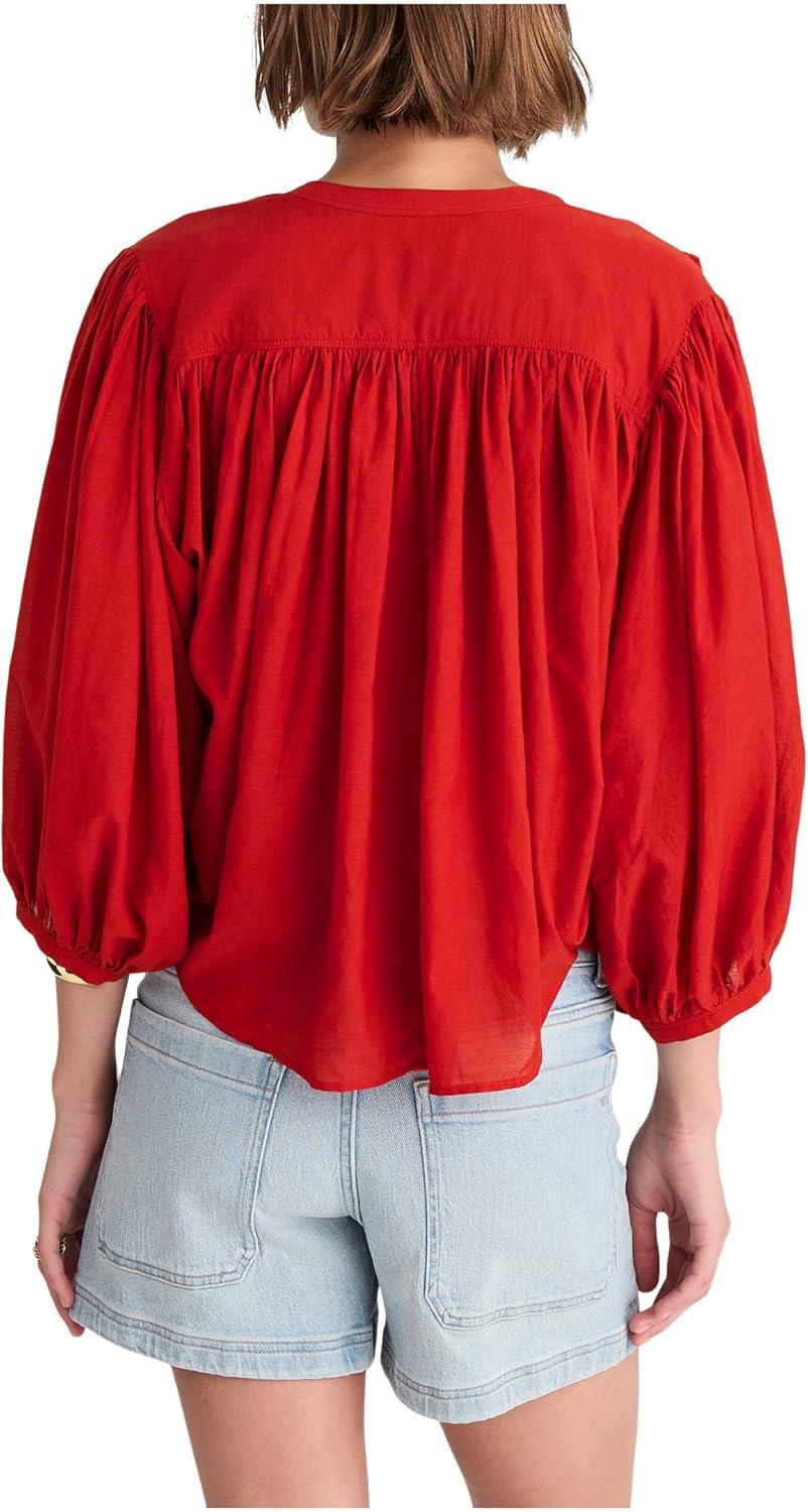 image:imageMadewell Womens Shirred Crewneck Buttonup TopCherry Red