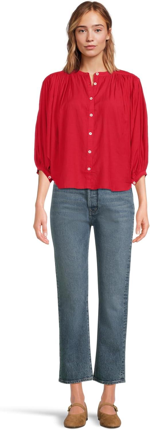 image:imageMadewell Womens Shirred Crewneck Buttonup TopCherry Red