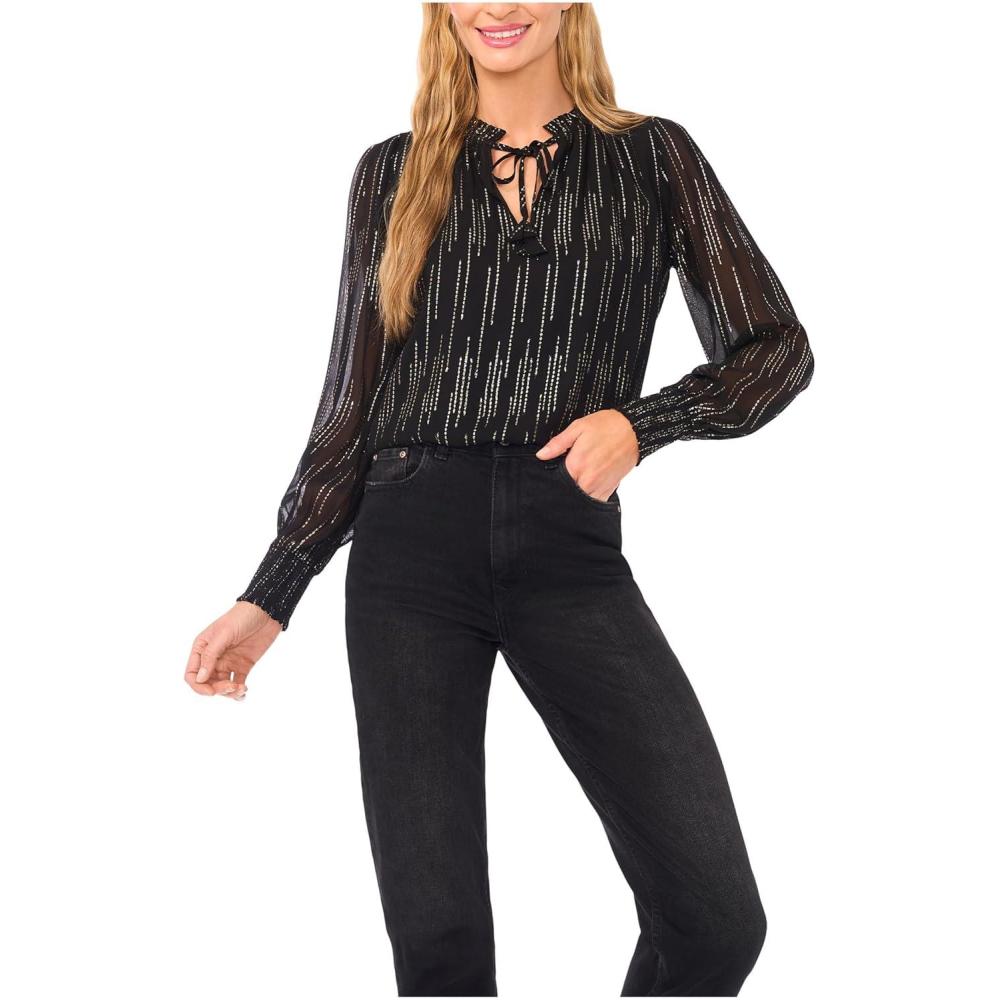 image:imageCeCe Womens Smocked Cuff Ruffle Tie Neck TopRich Black