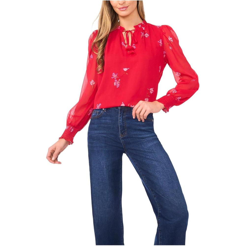 image:imageCeCe Womens Smocked Cuff Ruffle Tie Neck TopStoplight Red