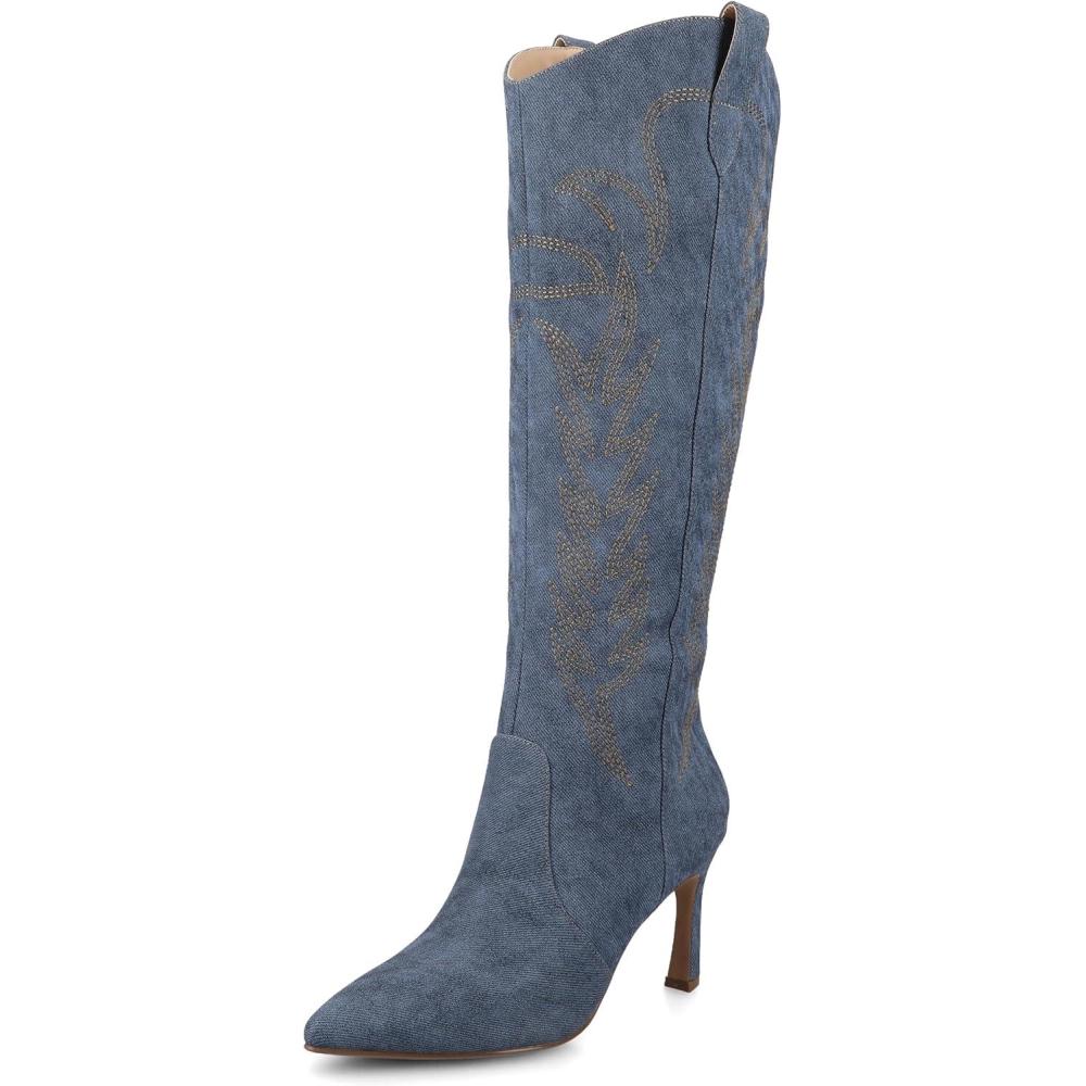 image:imageJournee Womens Laramie western cowgirl knee high boot stiletto heel stitching faux leather comfort system insoleDenim