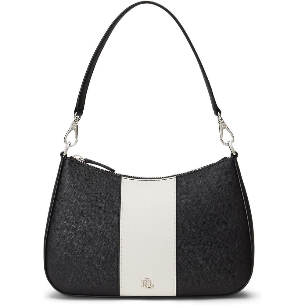 image:imageLauren Ralph Lauren Womens Crosshatch Leather Medium Danni BagBlackSoft White Stripe