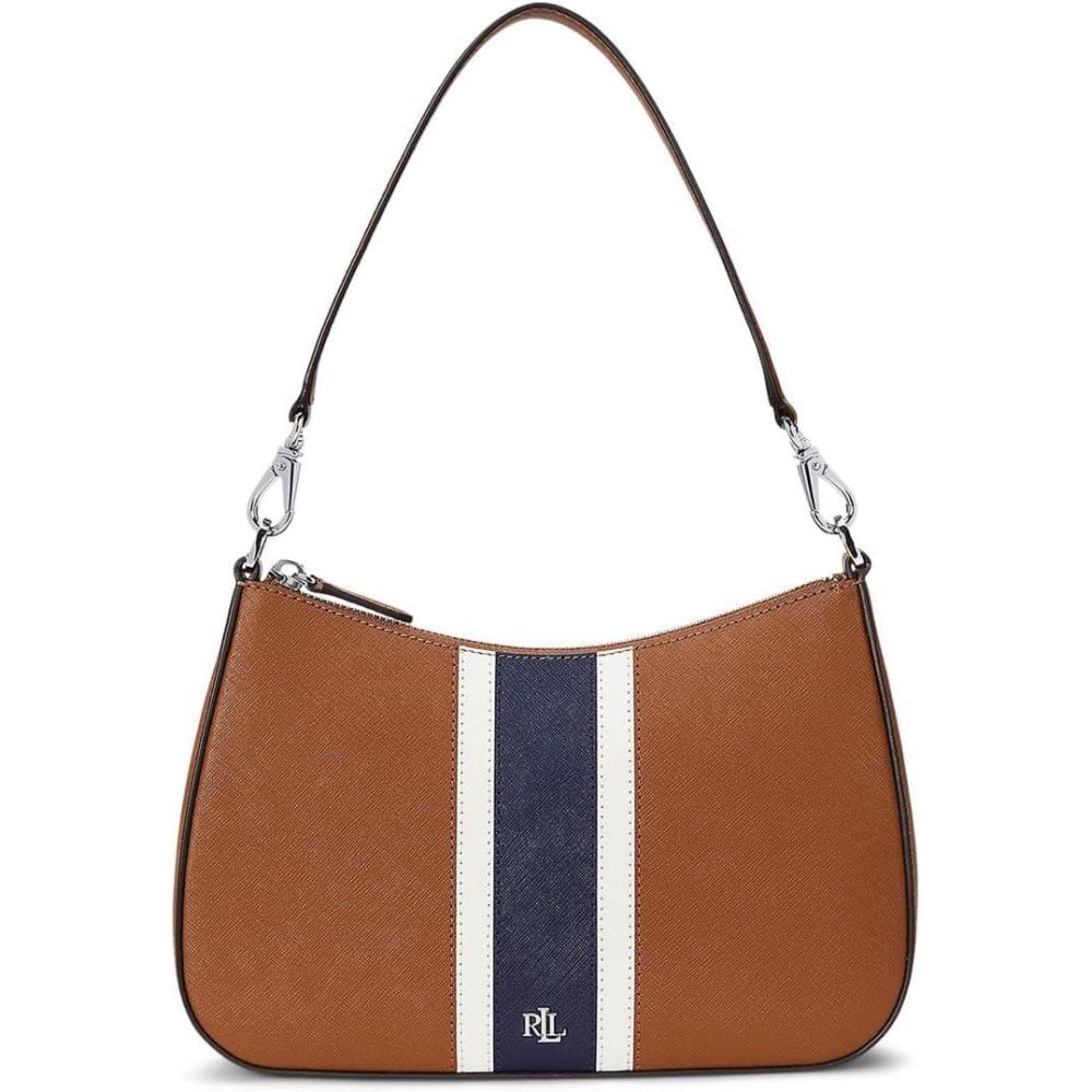 image:imageLauren Ralph Lauren Womens Crosshatch Leather Medium Danni BagTanSoft WhiteNavy Stripe
