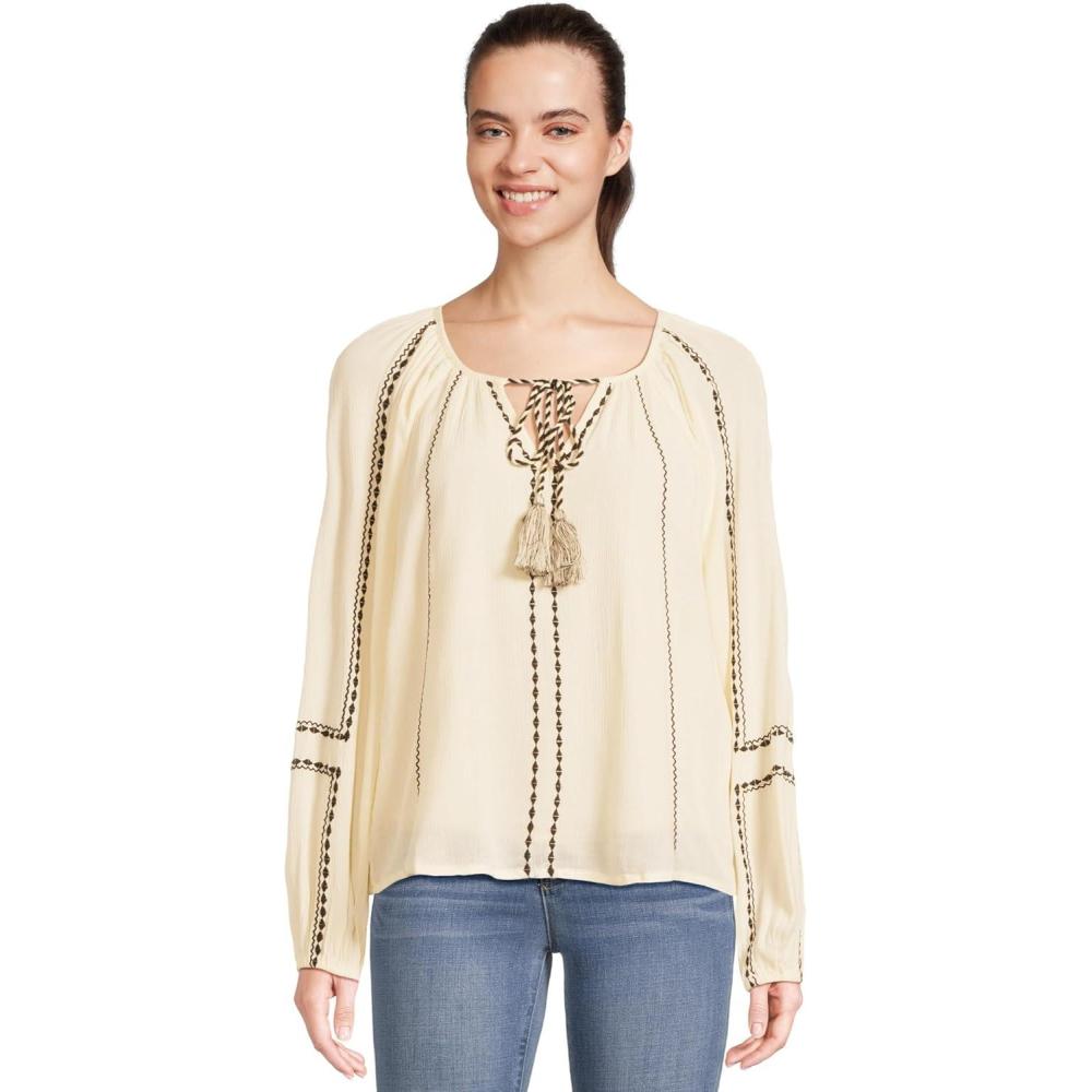 image:imageLiverpool Womens Long Sleeve Woven Raglan Blouse with EmbroideryAlabasterBlack Embroidery