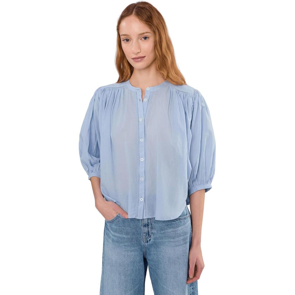 image:imageMadewell Womens Shirred Crewneck Buttonup TopTranquil Blue