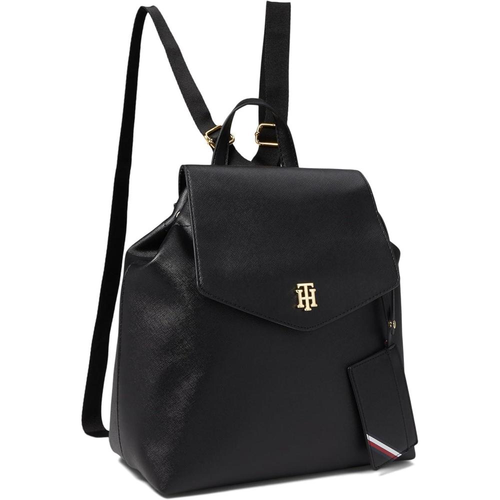 image:imageTommy Hilfiger Gia II Gifting Hang Tag Medium Envelope Flap Backpack wHangoffHigh Shine Saffiano PVC Black One SizeBlack