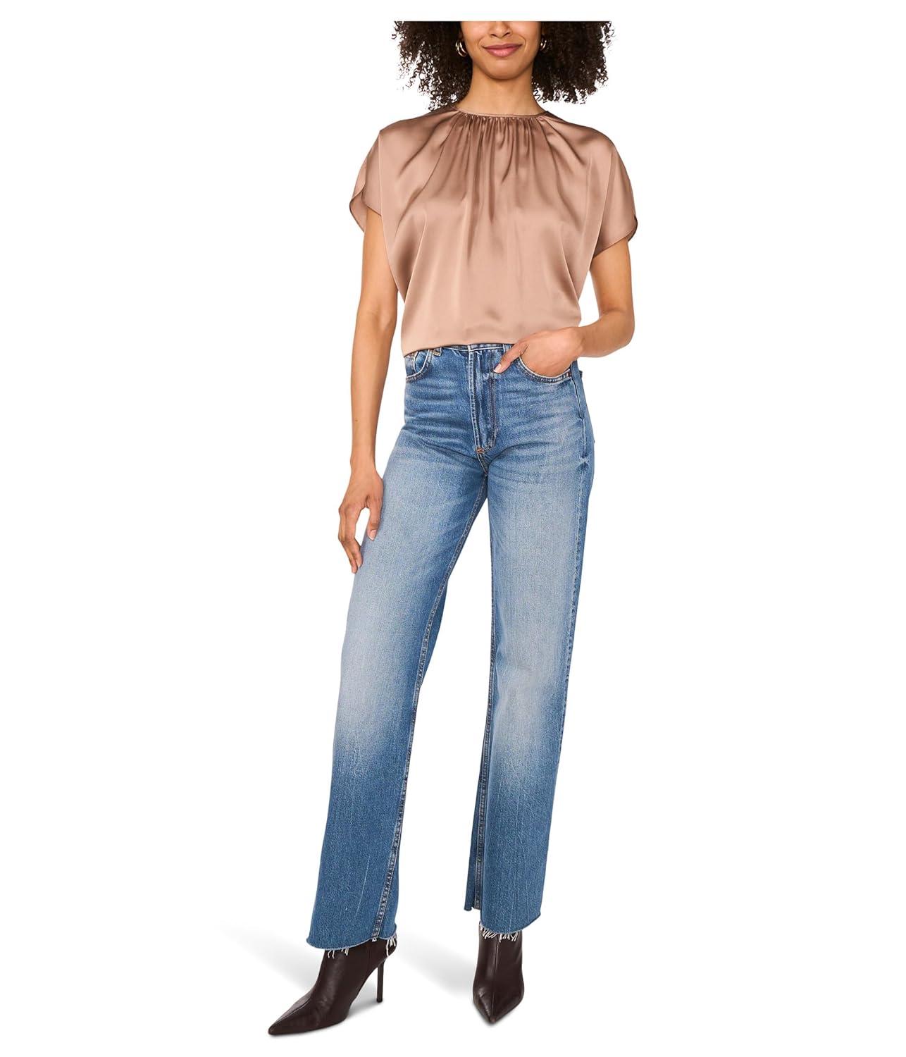 image:imageVince Camuto Womens Crewneck Shirring Short SleeveRich Taupe