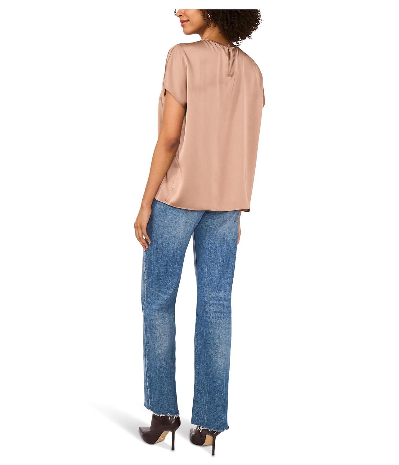 image:imageVince Camuto Womens Crewneck Shirring Short SleeveRich Taupe