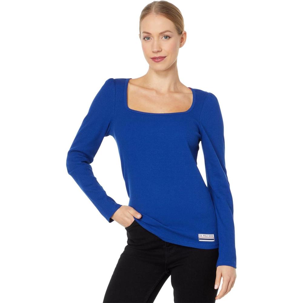 image:imageUS POLO ASSN Long Sleeve Square Neck Rib Top Sodalite Blue LG