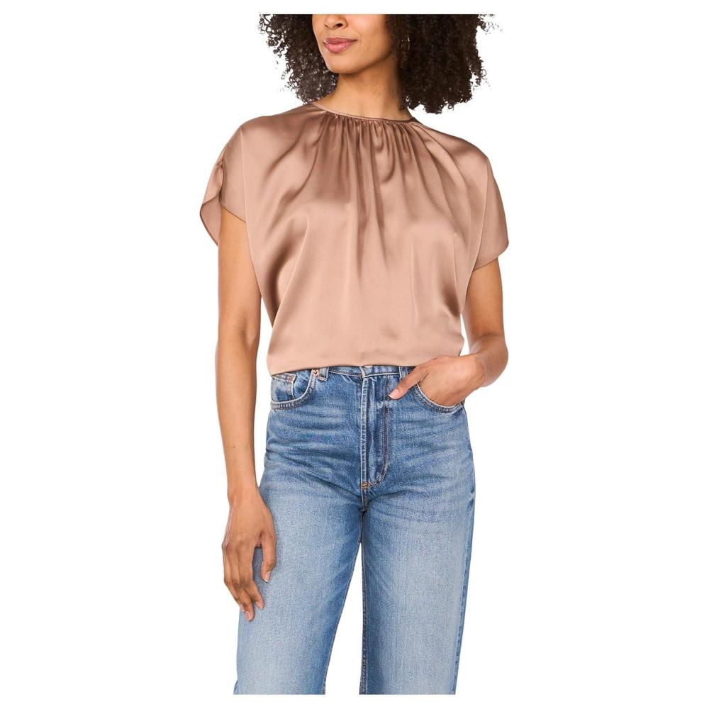 image:imageVince Camuto Womens Crewneck Shirring Short SleeveRich Taupe