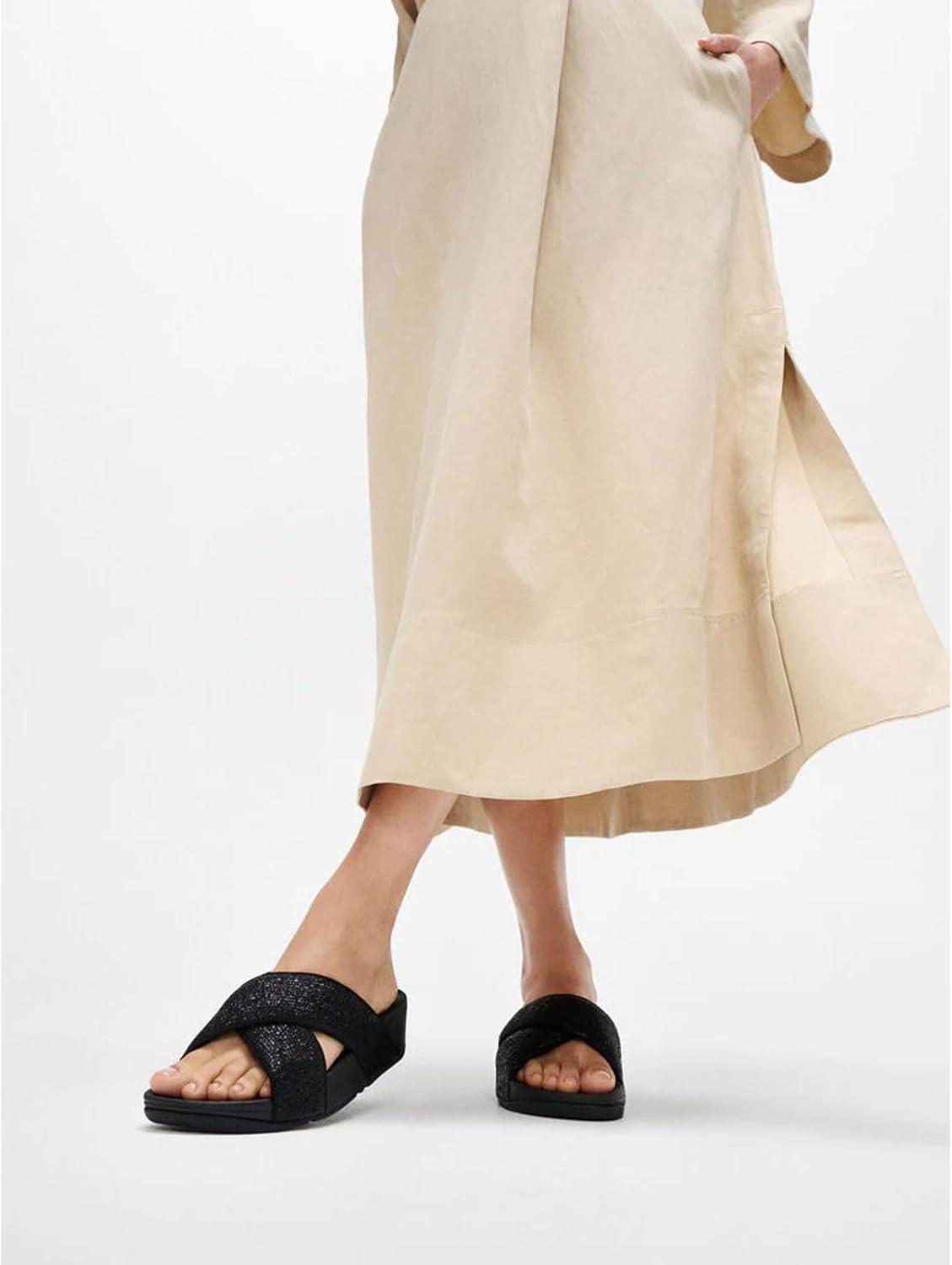 image:imageFitFlop Womens Lulu Crinkled Shimmer Slide SandalMetallic Black