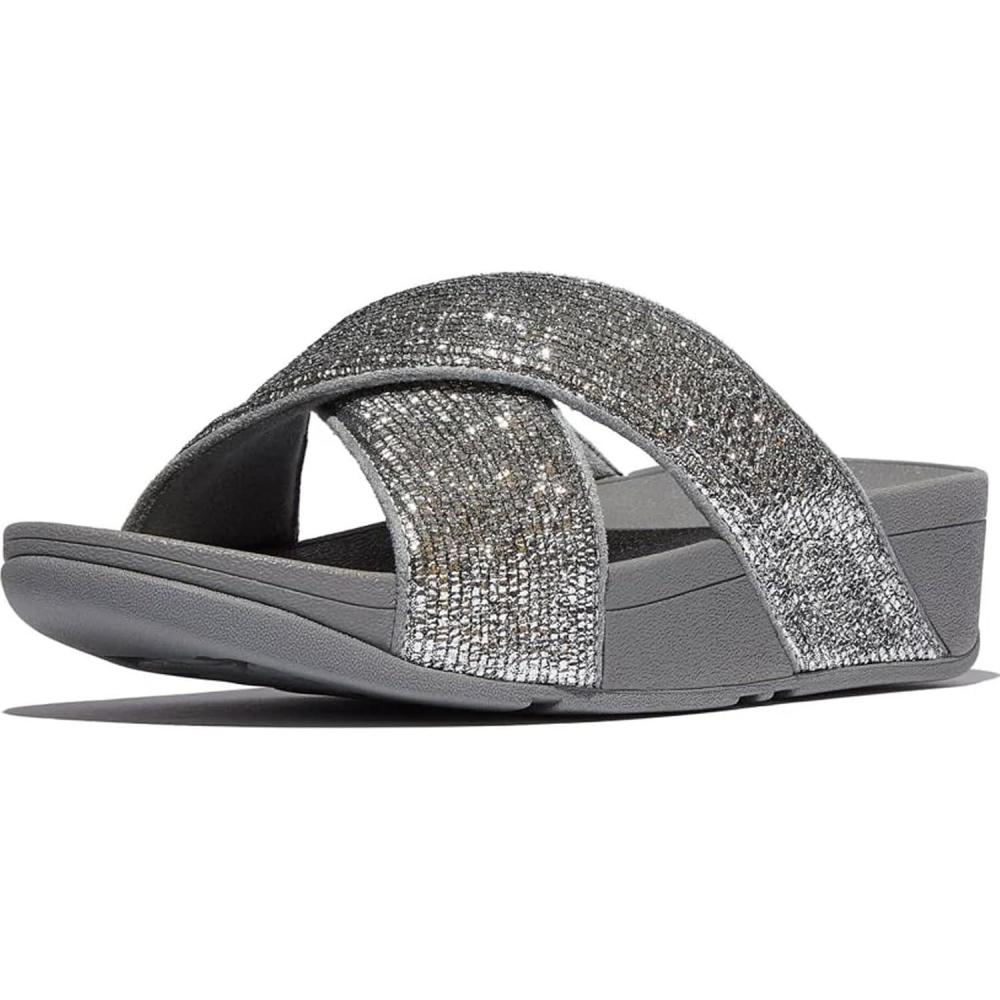 image:imageFitFlop Womens Lulu Crinkled Shimmer Slide SandalSilvereen