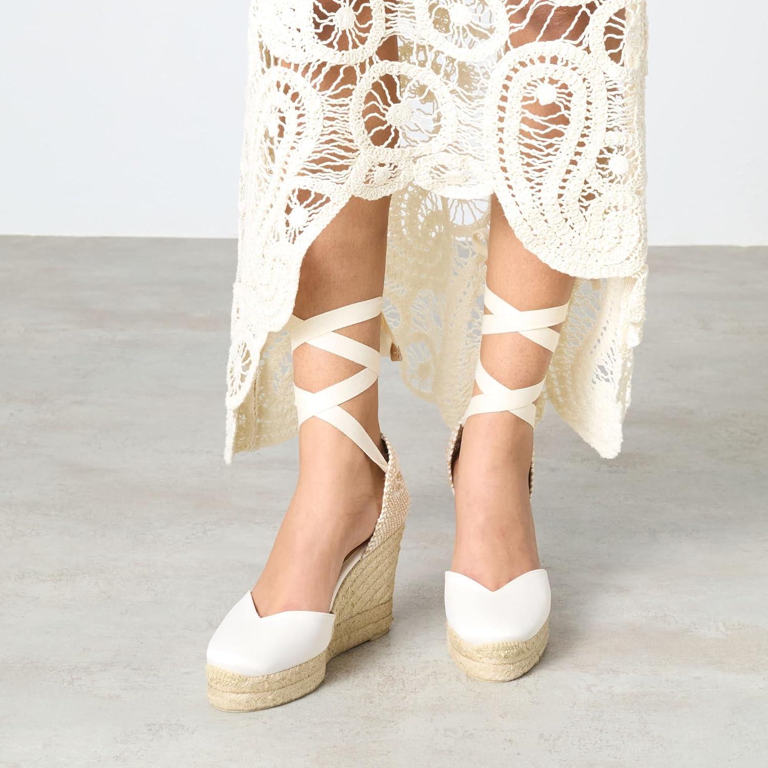 image:imageCastaer Womens Espadrille Heel Chiara Ecru Embossed in RASE with Bow Closure and Height of 11 cm Size 39Ecru